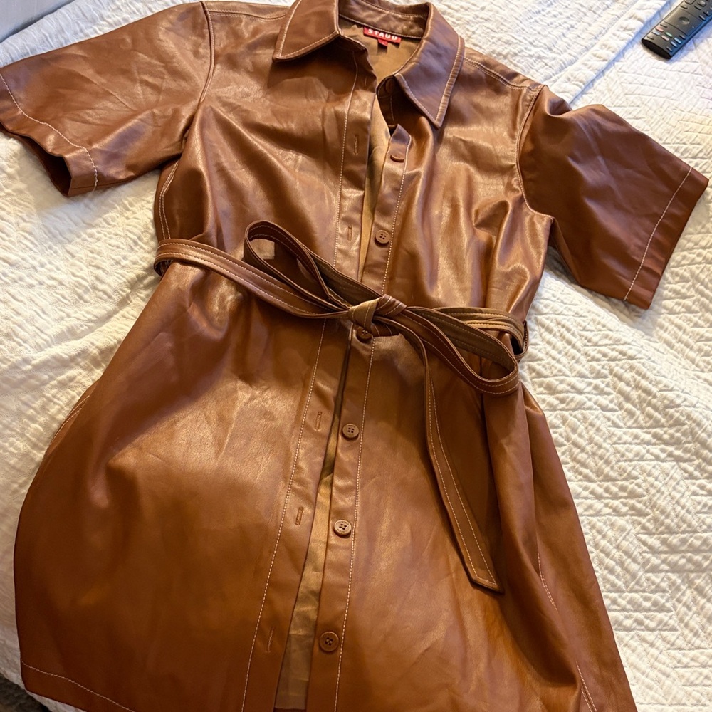 STAUD Brown faux Leather Shirt Dress